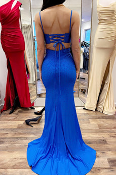 Spaghetti Straps Royal Blue Mermaid Formal Dress with Slit
