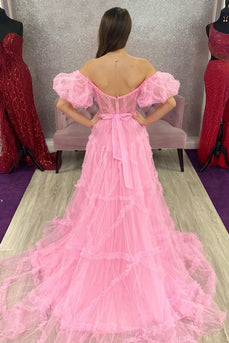 A Line Off the Shoulder Pink Tulle Corset Formal Dress with Bowknot