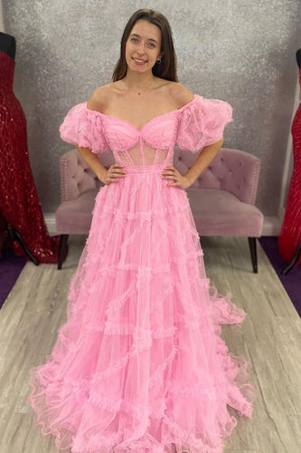 A Line Off the Shoulder Pink Tulle Corset Formal Dress with Bowknot