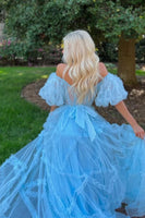 Load image into Gallery viewer, A Line Off the Shoulder Light Blue Tulle Corset Formal Dress with Bowknot