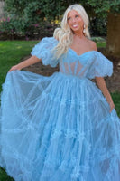 Load image into Gallery viewer, A Line Off the Shoulder Light Blue Tulle Corset Formal Dress with Bowknot