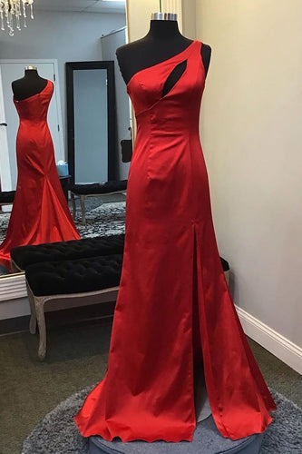 Mermaid One Shoulder Red Long Formal Dress with Keyhole