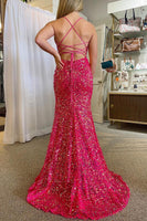 Load image into Gallery viewer, Hot Pink Spaghetti Straps Mermaid Sequined Formal Dress With Slit