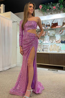 Load image into Gallery viewer, Purple One Shoulder Cut Out Mermaid Formal Dress