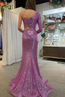 Purple One Shoulder Cut Out Mermaid Formal Dress