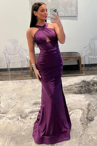 Purple Halter Neck Satin Formal Dress