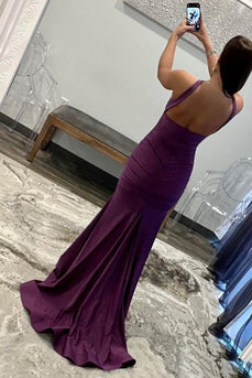 Purple Halter Neck Satin Formal Dress