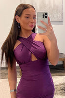 Load image into Gallery viewer, Purple Halter Neck Satin Formal Dress