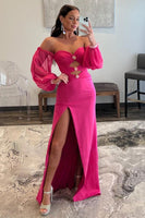 Load image into Gallery viewer, Hot Pink Off The Shoulder Detachale Sleeves Cut Out Formal Dress