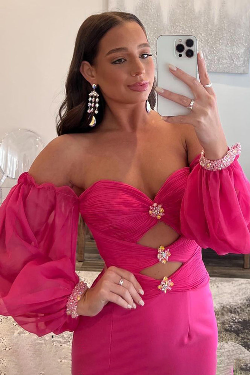 Load image into Gallery viewer, Hot Pink Off The Shoulder Detachale Sleeves Cut Out Formal Dress