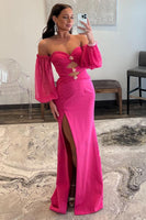 Load image into Gallery viewer, Hot Pink Off The Shoulder Detachale Sleeves Cut Out Formal Dress