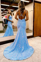 Load image into Gallery viewer, Sparkly Blue Mermaid Sequins Long Backless Formal Dress