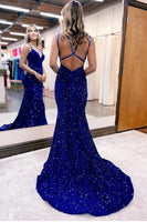 Load image into Gallery viewer, Sparkly Blue Mermaid Sequins Long Backless Formal Dress