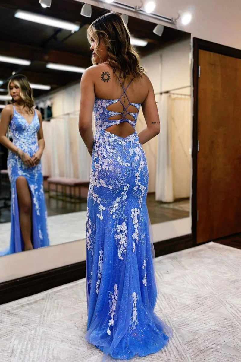 Load image into Gallery viewer, Glitter Blue Mermaid Lace Long Formal Dress with Slit
