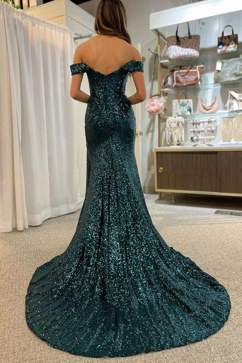 Load image into Gallery viewer, Dark Green Off Shoulder Mermaid Formal Dress with Slit