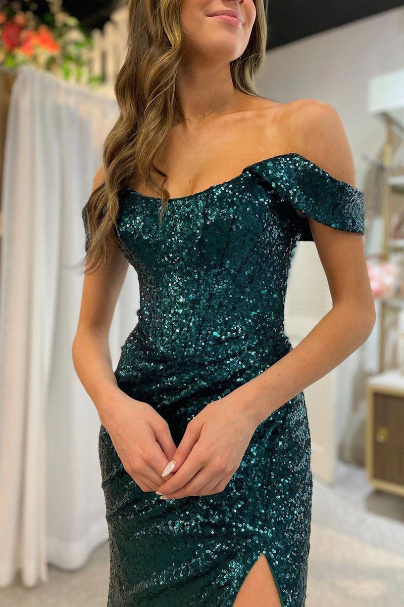 Load image into Gallery viewer, Dark Green Off Shoulder Mermaid Formal Dress with Slit