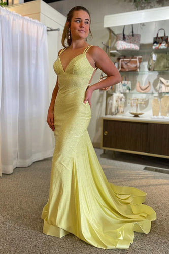 Sparkly Mermaid Spaghetti Straps Yellow Sequins Long Formal Dress