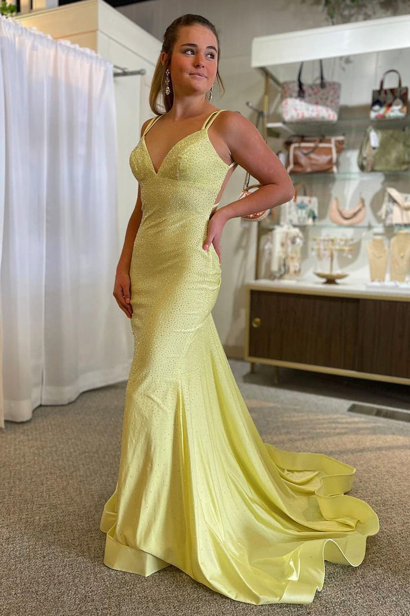 Load image into Gallery viewer, Sparkly Mermaid Spaghetti Straps Yellow Sequins Long Formal Dress