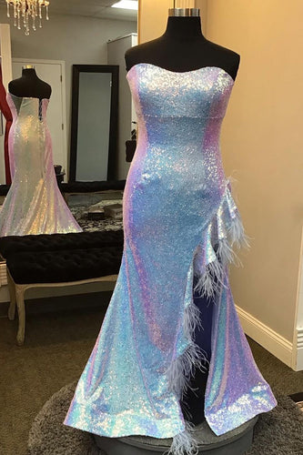Plus Size Light Blue Sweetheart Mermaid Sequins Long Formal Dress with Feathers