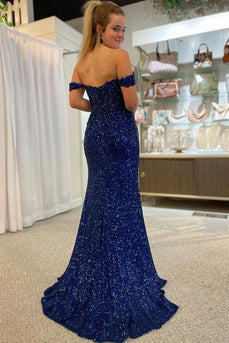 Sparkly Navy Corset Mermaid Sequins Long Formal Dress with Slit