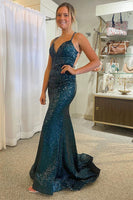 Load image into Gallery viewer, Sparkly Dark Green Mermaid Sequins Long Formal Dress with Lace-Up Back