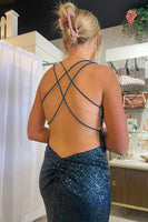 Load image into Gallery viewer, Sparkly Dark Green Mermaid Sequins Long Formal Dress with Lace-Up Back