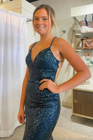 Load image into Gallery viewer, Sparkly Dark Green Mermaid Sequins Long Formal Dress with Lace-Up Back