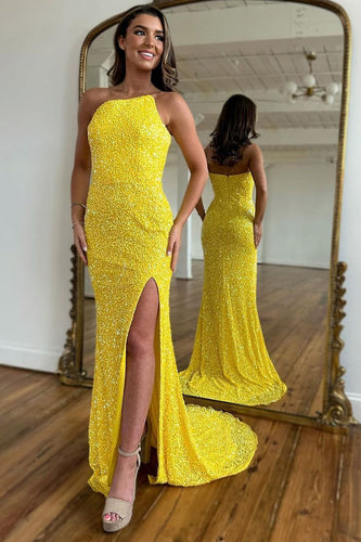 Sparkly Yellow Detachable Straps Mermaid Sequins Formal Dress with Slit