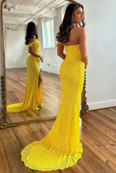 Sparkly Yellow Detachable Straps Mermaid Sequins Formal Dress with Slit