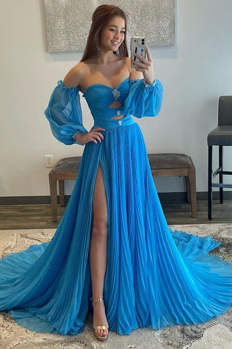 Blue Detachable Sleeves Cut-Out Long Formal Dress with Beading