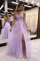 Load image into Gallery viewer, Lilac A-Line Spaghetti Straps Lace Long Formal Dress with Slit