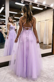 Lilac A-Line Spaghetti Straps Lace Long Formal Dress with Slit