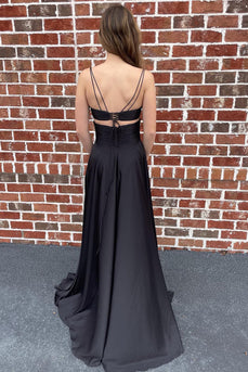 Black Spaghetti Straps Cut Out Long Formal Dress with Slit
