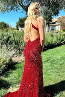 Load image into Gallery viewer, Mermaid Deep V Neck Burgundy Sparkly Long Sequins Formal Dress