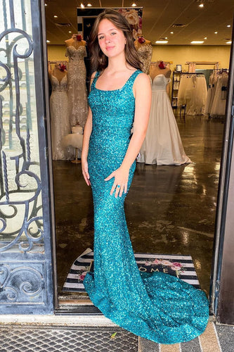 Mermaid Square Neck Sparkly Turquoise Sequins Long Formal Dress