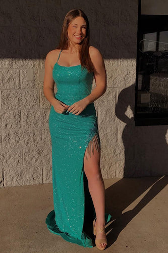 Mermaid Sparkly Green Sequins Long Formal Dress with Tassel