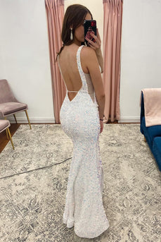 Mermaid Backless Sparkly White Sequins Long Formal Dress with Tassel