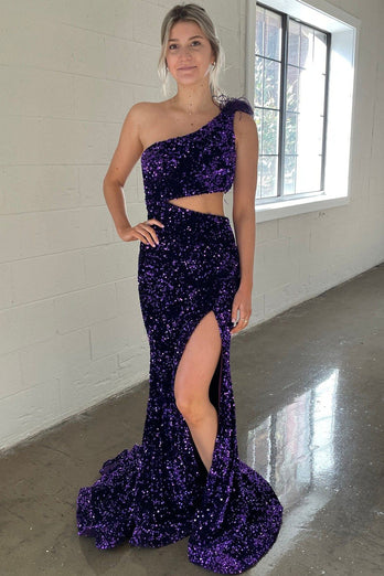 One Shoulder Purple Sparkly Mermaid Sequins Long Formal Dress with Slit