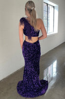 Load image into Gallery viewer, One Shoulder Purple Sparkly Mermaid Sequins Long Formal Dress with Slit