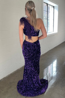One Shoulder Purple Sparkly Mermaid Sequins Long Formal Dress with Slit