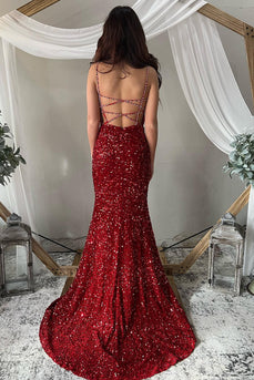 Deep V Neck Mermaid Sparkly Burgundy Sequins Long Formal Dress