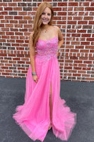 Load image into Gallery viewer, A-Line Tulle Spaghetti Straps Pink Long Formal Dress with Appliques