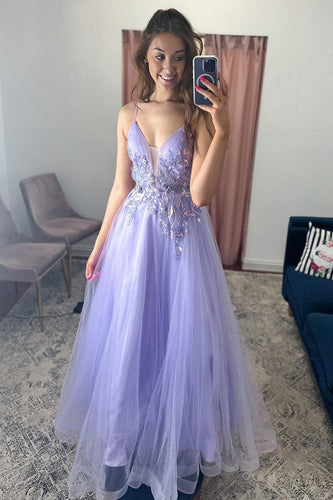 A-Line Tulle Spaghetti Straps Lilac Long Formal Dress with Appliques