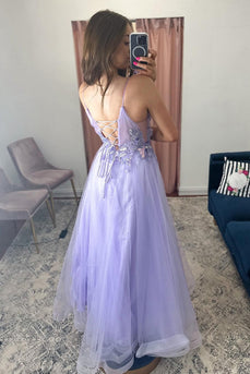 A-Line Tulle Spaghetti Straps Lilac Long Formal Dress with Appliques