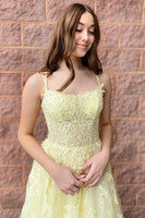 Load image into Gallery viewer, A-Line Tulle Spaghetti Straps Light Yellow Long Formal Dress with Appliques