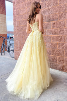 A-Line Tulle Spaghetti Straps Light Yellow Long Formal Dress with Appliques