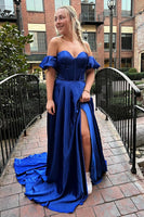Load image into Gallery viewer, Off The Shoulder Sweetheart Royal Blue Long Formal Dress with Slit