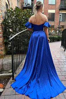 Off The Shoulder Sweetheart Royal Blue Long Formal Dress with Slit