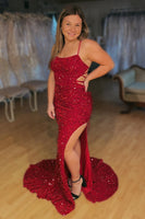 Load image into Gallery viewer, Lace-Up Mermaid Sparkly Burgundy Sequins Long Formal Dress with Slit