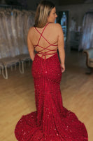 Load image into Gallery viewer, Lace-Up Mermaid Sparkly Burgundy Sequins Long Formal Dress with Slit